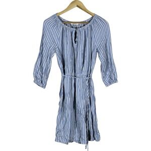 Copper Key Striped A-Line Dress Blue White Coastal Tie Waist Casual Size M